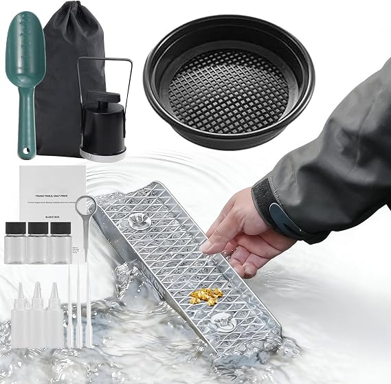 Gold Prospecting Kit - Complete Sluice Box Panning Set, Portable Folding Aluminum Mining Equipment Tool, Classifier Screen Paydirt Sifting Gear System, Outdoor Adventure Exploration Supplies | For Lak
