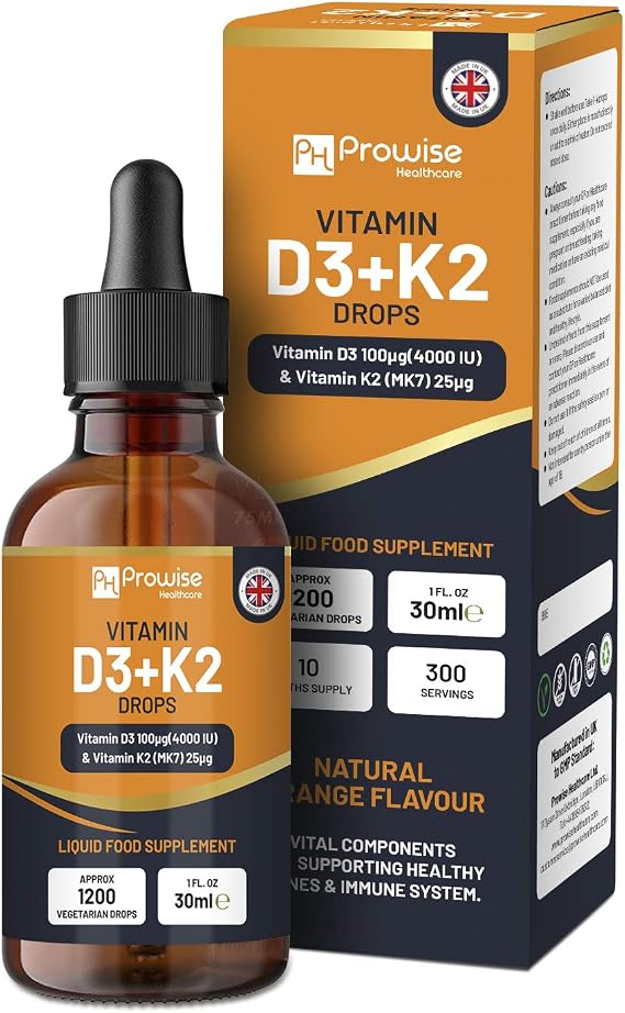 Vitamin D3 4000iu + K2 MK7 25g I Orange Liquid Drops I High Strength 4000iu D3 + 25g K2-30ml Bottle I Fast Absorption I 1200 Vegetarian Drops - Made in UK by Prowise Healthcare