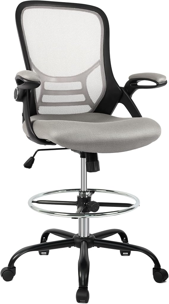 HYLONE Drafting Chair, Tall Office Chair Standing Desk Chair Grey Mesh High-Back Drafting Stool with Flip-Up Arms, Adjustable Foot Ring