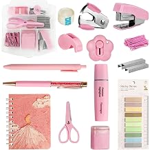 Mini Stationery Set, Desk Accessories Set with Staple Remover, Notebook, Scissor, Clips, Tape, Tabs, Pencil Sharpener, 2PCS Pen, Highlighters, Pink Stationery Set for Office School Students