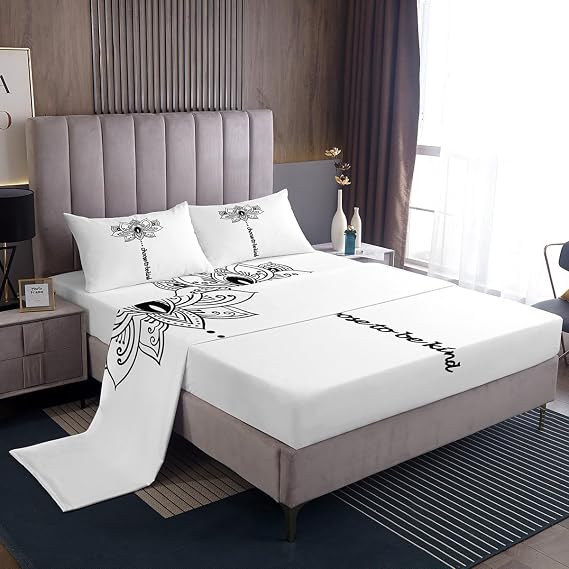 Erosebridal Black Lotus Bed Set Twin Size Exotic Sheet Set for Kids Men Women Paisley Bohemia Black White Sheets Deep Pocket Bed Sheets Set