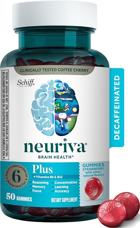 NEURIVA Plus Brain Supplements for Memory and Focus, Clinically Tested Nootropics Neurofactor and Phosphatidylserine with Vitamin B12, Vitamin B6, 50 Count Strawberry Gummies | Brain Supplements for Memory and Focus, Phosphatidylserine, Vitamin B12, Vitamin B6, Neurofactor, Decaffeinated Nootropic