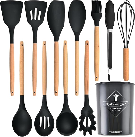 Kitchen Utensils Set,Kitchen Cooking Utensils Set,Spoon,Spatula,446F Heat Resistant 12-pcs Non-stick Food Grade Silicone and Wooden Handles,Kitchen Tools Set(Black)