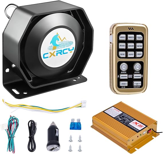 CXRCY 12V 200W Police Siren PA System, Wireless Mic, 18 Tones, 120-130dB