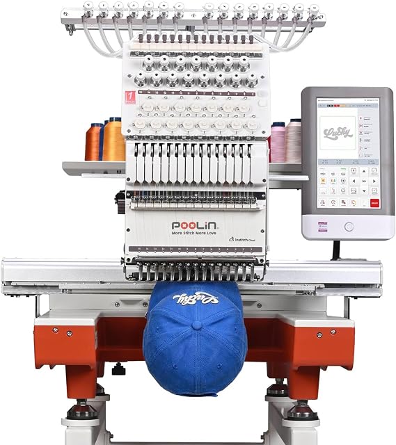 Poolin 15 Needle Commercial Embroidery Machine, 20" x 14" Large Embroidery Area,10" Touchscreen, InStitch OS5 System,270 Cap Embroidery, WiFi & USB, 11 Hoops for Hats, Shirts, Patches and Shoes
