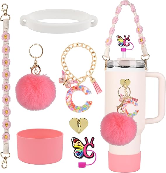 Stanley Cup Accessories Set, Stanley 30 oz 40 oz Tumbler Accessories, Including Silicone Straw Cover Cap and Boot, Water Bottle Handle Strap, Elastic Silicone Ring, Letters Keychain Handle Charm C