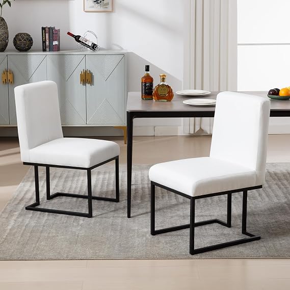 Modern Linen Dining Chairs Set of 2 Industrial Heavy Duty Kitchen Chairs with Metal Frame Upholstered Dining Room Chairs Armless Padded Side Chairs