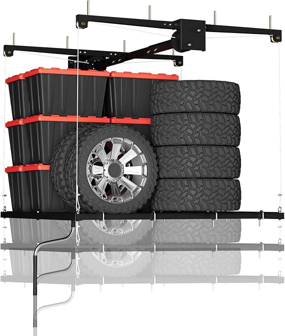 Overhead Garage Lifting Storage Rack, Maximize Your Garage Storage with Our 4x4 Ft Heavy-Duty Ceiling Storage Rack System, Supports 350 lbs, Adjustable & Easy to Install (Black 4x4 ft)