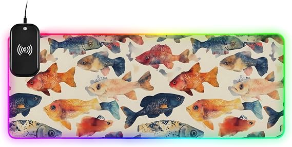 AIXIWAWA Watercolor Fishes Wireless Charging Mouse Pad 15 W RGB Glowing Fabric Mouse Mat Large Oversized Gaming Keyboard Pad for Desk Medium