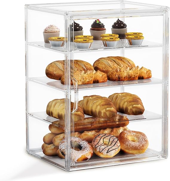 4-Tier Pastry Display Case,Large Bread Box for Kitchen Countertop, Adjustable Bread Storage Container, Bakery Display for Bread, Cookies, and Donuts, Size 15.5 * 11.4 * 9.8 Inch