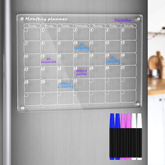 AITEE Acrylic Magnetic Monthly Calendar for Fridge with 6 Dry Erase Markers | Monthly planner, 16x12 clear acrylic, 6 markers 3 colors, quick wipe, strong magnets, fast-drying no smudge, for home office