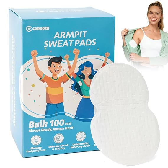 Underarm Sweat Pads, 100PCS Disposable Underarm Pads for Sweating Women and Men Fight Hyperhidrosis, Comfortable Unflavored, Non Visible, Extra Adhesive, Disposable, Non Sweat Armpit Protection.