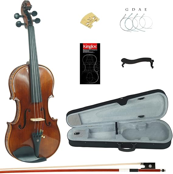 Kinglos. 4/4 Violin Kit Full Size Fiddle Solidwood for Adults Starter Set | Incl. Hard Case Bow Shoulder Rest Manual Spare Bridge Strings - Ebony Fittings Classical Acoustic Vilon for Student Beginners