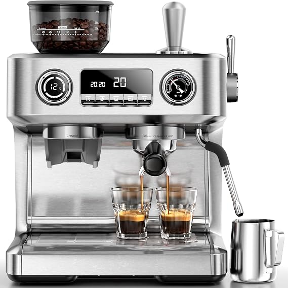 Kismile 20 Bar Dual Boiler Espresso Machine with Grinder & Milk Steamer | Dual LED Display, Pressure Gauge, Burr Grinder, Hot Water, Coffee Machine for Home & Office, Stainless Steel