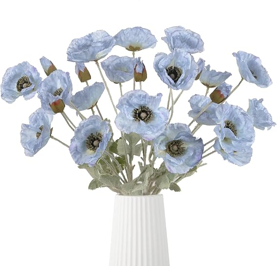 6PCS Light Blue Poppy Silk Flowers 24" Artificial Poppies for Decoration