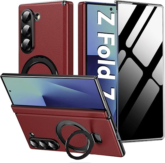 Case for Samsung Galaxy Z Fold 7,Luxury Premium Leather Phone Case with Privacy Screen&Hinge Protection& Magnetic Kickstand,Slim Shockproof Protective Cover for Galaxy Z Fold 7 2025,Red