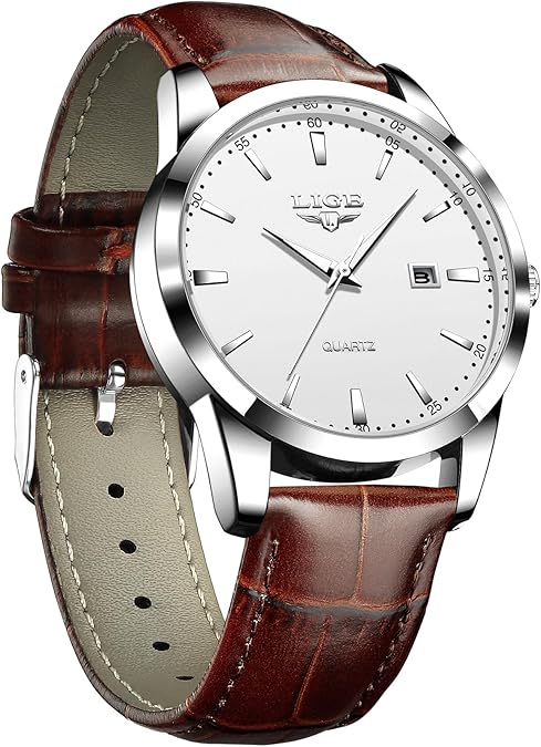LIGE Watches for Men Waterproof Analog Dress Vintage Chronograph Analog Casual Leather Stainless Steel Unique Quartz Movement Retro Luminous Elegant Men's Wrist Watch Date Display