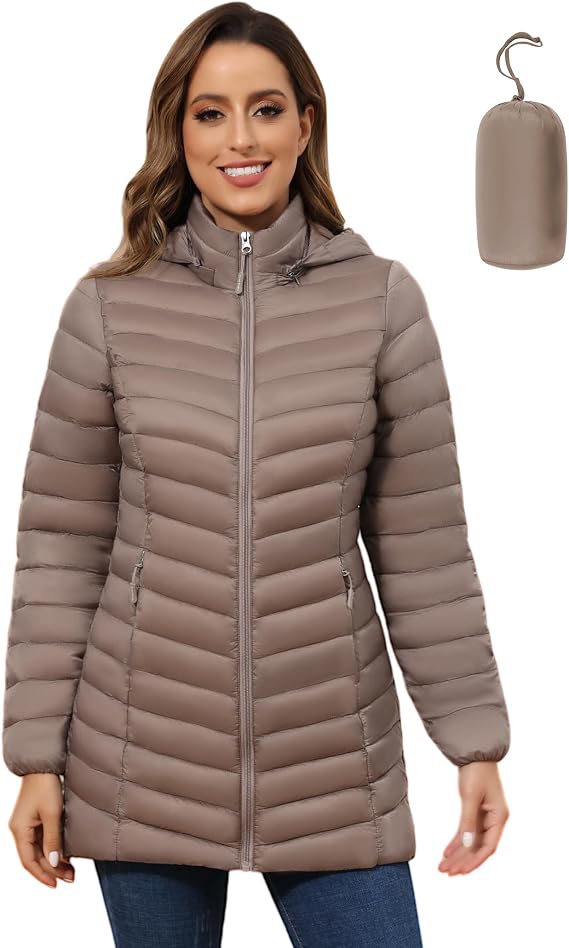 ROYAL MATRIX Women's Packable Puffer Jacket - Lightweight Winter Warm Long Quilted Puffer Coat with Detachable Hood