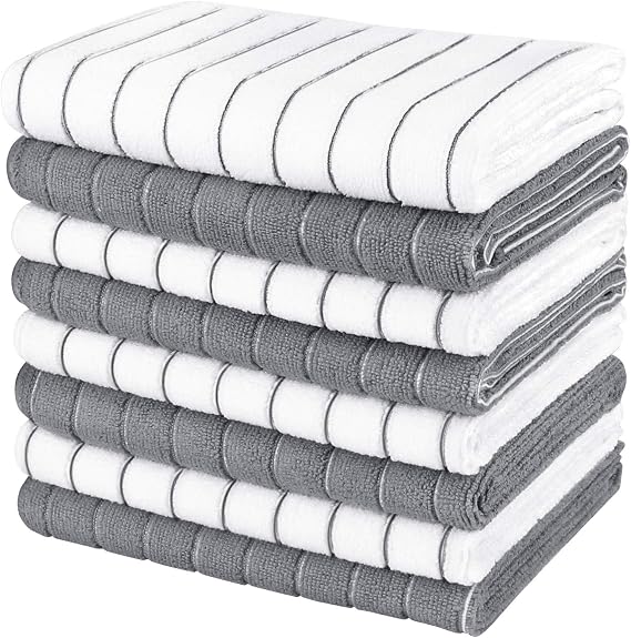AIDEA Kitchen Towels-8PK, Dish Towels for Kitchen,18x26, Grey/White | Drying Towels for Dishes, Super Soft and Absorbent, Multi-Purpose Microfiber Towels for Kitchen, Home