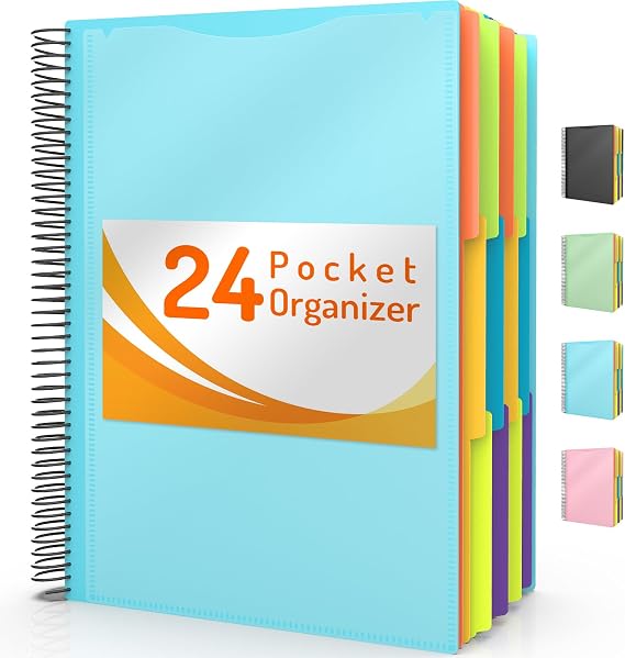 Forvencer 24 Pocket Project Organizer, 1/3-cut Tab Binder Organizer with Sticky Labels, Multi Pocket Folder with Zipper Pouch, Folder Binder Spiral Pocket Notebook, Office Supplies, Letter Size, Blue