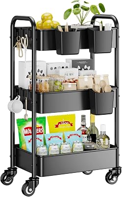 YaFex Metal Storage Cart, Heavy Duty Metal Shelving Racks, 3 Tier Rolling Cart