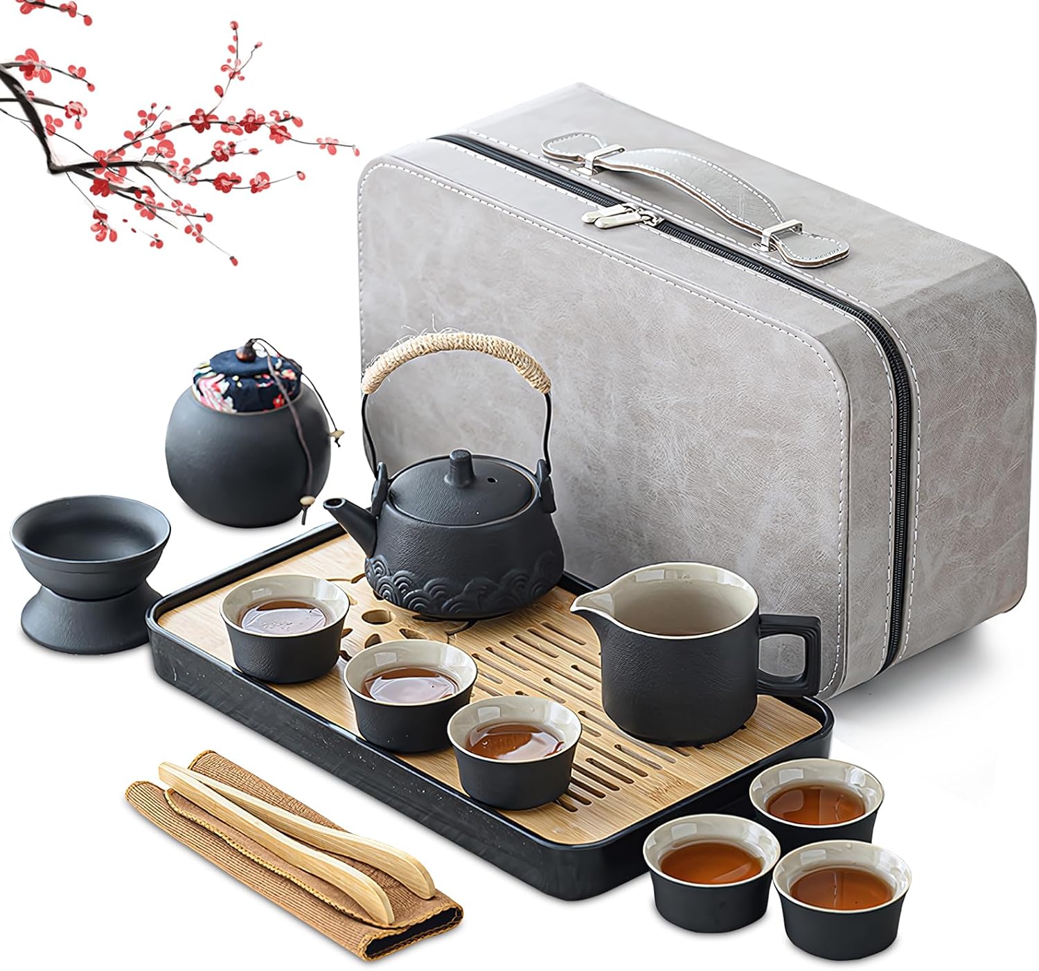 Black Ceramic Tea Set Chinese Tea Set Gifts 13 pcs with Teapot, Tea Cups, Bamboo Tea Tray, Cenister, Infuser, Tray Portable Bag, Tea Infuser, Kung Fu Teapot and Cup Set Travel Tea Set for Tea Lovers