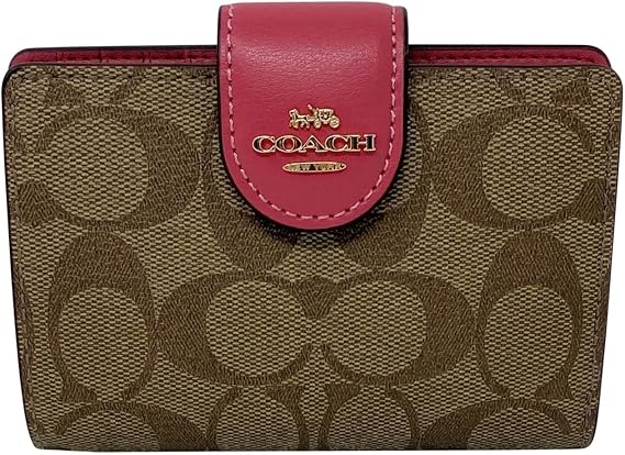 Coach Signature Medium Corner Zip Wallet in Coated Canvas Khaki Strawberry Haze Style No. C0082