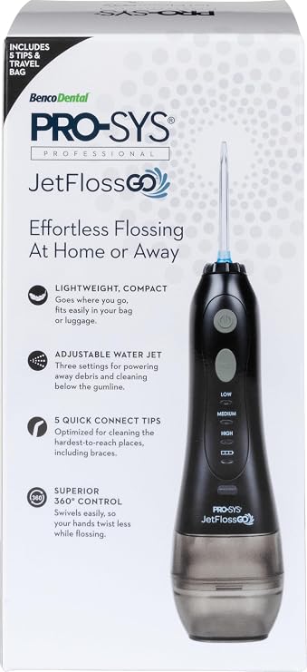 PRO-SYS JetFloss GO Cordless Water Flosser Rechargeable Portable Dental Oral Irrigator (Black)