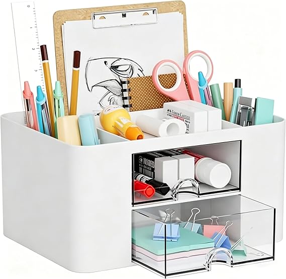 Marbrasse Desk Organiser with Drawers,Multifunctional Pen Holder with 7 Compartments,Stationary Organiser for Home Office Desk and Accessories(White)