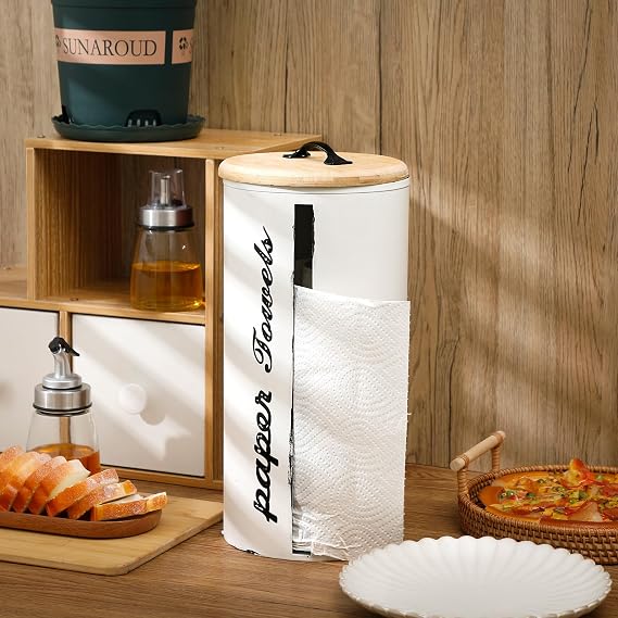 Farmhouse Paper Towel Holder, Metal Countertop Paper Towel Stand Dispenser with Wooden Lid, Rustic White Anti-Rust Storage for Kitchen Bathroom Dining Table, 6.3 x 6.3 x 13.4 Inches