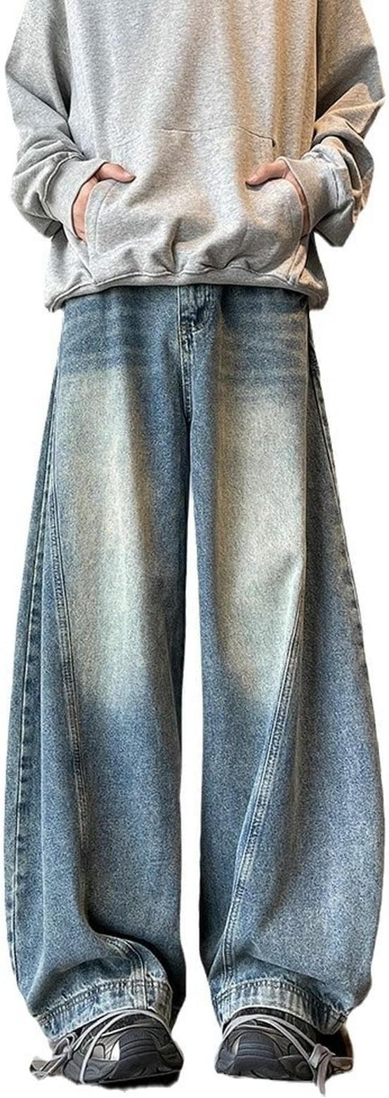 Jeans for men Men's Wide-leg Curved Jeans, Trendy Brand, Straight Leg, Plus Size, Loose Fit, Hip-hop Style, Floor-length Pants -blue-s
