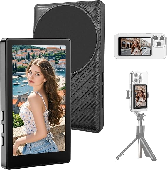 Wireless Selfie Monitor Screen for iPhone & Android, Magnetic Phone Holder Clip Mount, Adjust Focus & Wide Screen Mode, Using Phone Rear Camera for Selfie Vlog No Delay Live Stream for TikTok