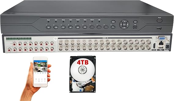 Evertech 32 Channel HD DVR Recorder with 4TB Hard Drive Memory for Security Surveillance Systems Easy Remote Access Playback USB Backup