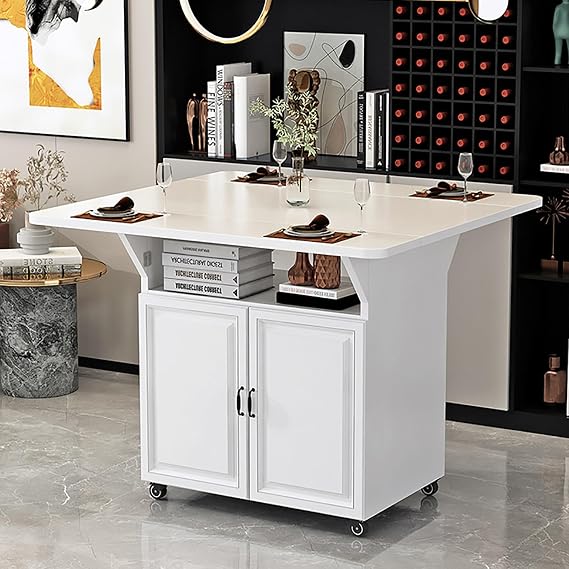 Folding Dining Table, Drop Leaf Dining Table with Lockable Wheels,Space Saving Extendable Dining Table with Storage, Kitchen Table for Small Spaces (Color : White, Size : 80x62cm)