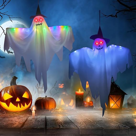 Halloween Ghosts Luminous with Fairy Lights - Scary Decoration for Garden Patio Lawn Front Garden - Pack of 2 Hanging Ghosts for Outdoor Use [Energy Class C]