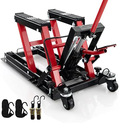 Goplus Motorcycle Lift, 15000 LBS Hydraulic ATV Scissor Jack with Footplates & Long Handle, 2 Ratchet Belts, 4 Wheels, 4.7-15 Lifting Range, Motorcycle Jack Stand for Dirt Bike, UTV