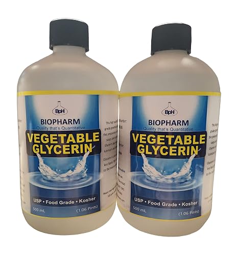 Biopharm Vegetable Glycerin 2-Pack, 500mL (1.06 Pint) Each. USP, Food Grade | AKA Glycerine, Glycerol. Twin 16.9 fl oz Bottles With Easy-Dispense Caps. Undiluted, No Additives. Uses As Moisturizer & More