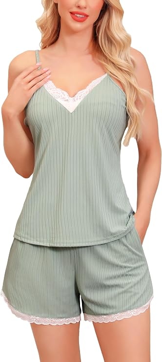 Sopesil Women's Short Pyjamas Cami Sets Ladies Sexy PJ Sleeveless Sets V Neck Decoration Lace Tops Shorts Summer Sleepwear Nightwear S-XXL