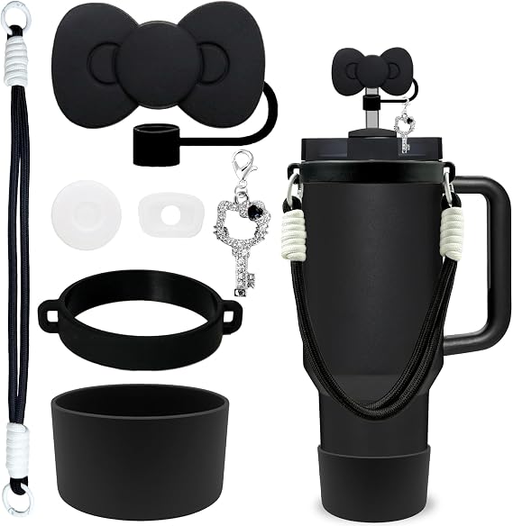 7 Pieces Stanley Cup Accessories Set Including Water Bottle Handle Strap, Stanley Cup Boot, Siliocne Bow Straw Cover, Shiny Cat Charms for Stanley Cup 40oz & 30oz Tumbler