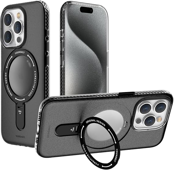 YOUNGKIT for iPhone 15 Pro Case, Compatible with Mag-Safe, Built-in Foldable Ring Stand, Miltary Shockproof Kickstand Case Magnetic Phone Case for iPhone 15 Pro - Black