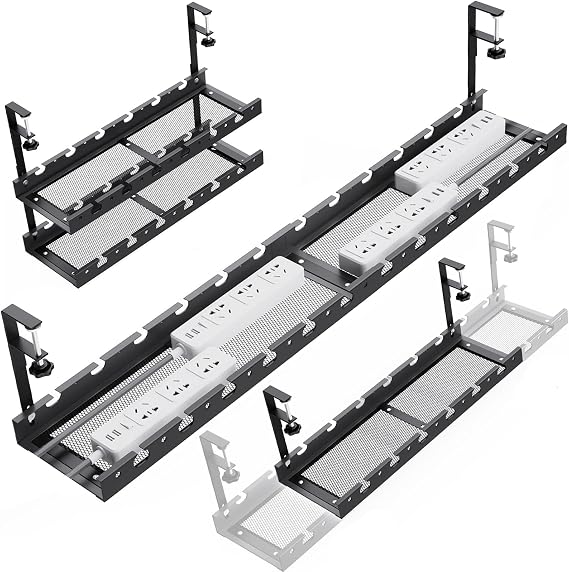 31Inch Extendable Under Desk Cable Management Tray Multi-Model Metal Cable Management Tray Under Desk Cord Management with Clamp Power Strip Cord Holder for Wire Cable Management