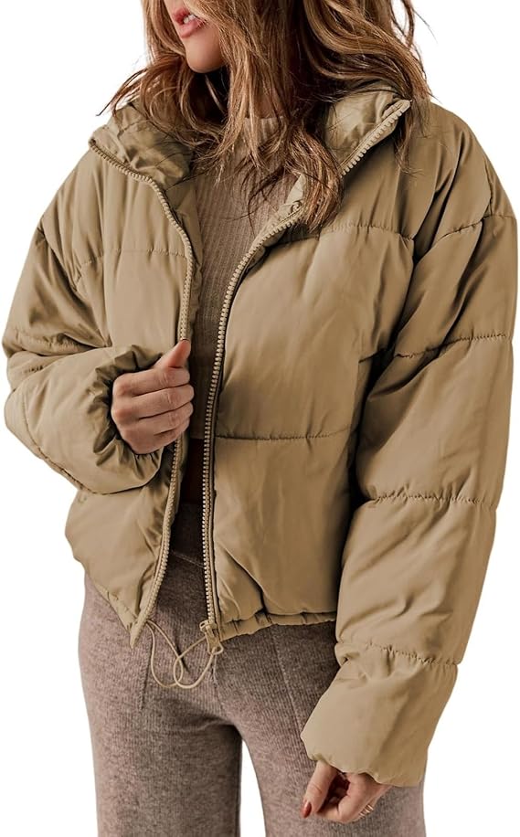 Womens Quilted Jackets Long Sleeve Full Zip Puffer Jacket Coats Fashion Warm Winter Outerwear with Pockets