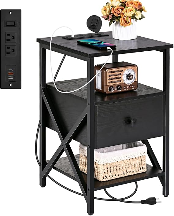 Livofloral Side Tables with Charging Station, Black Charging End Table Bedside Table with Outlets, Nightstands with Wood Drawer, Night Stand with Storage for Bedroom, Living Room