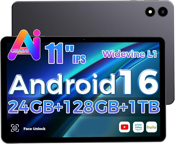 Tablet 11 Inch Android 16 with Gemini AI, 24GB+128GB/1TB, GMS Widevine L1, 1280 * 800, WiFi 5 & BT 5.0, 7000mAh Tablet