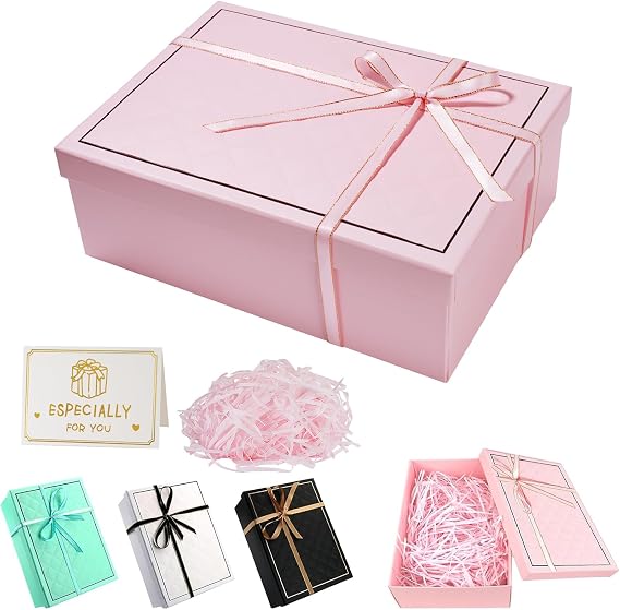 Pink Gift Boxes for Presents, 25x18x8.5cm Birthday Gift Box | Pink Box with Ribbon Shred Raffia Greeting Card, for Valentines Day, Christmas Birthdays Anniversaries