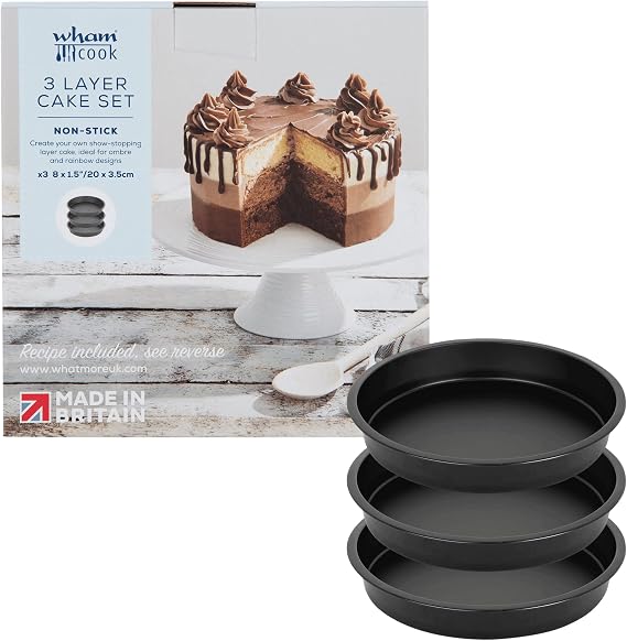 8 Inch Cake Tin Set – 3-Layer 20cm Non-Stick Round Sandwich Tins for Baking, Rainbow & Ombre Cakes – Oven & Dishwasher Safe, Stackable Birthday Wedding Baking Layer Tray Set
