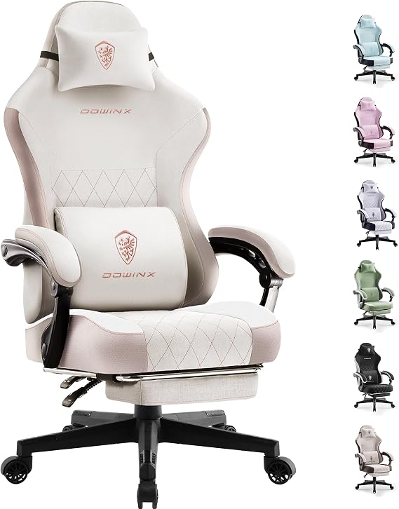 Dowinx Gaming Chair with Pocket Spring Cushion, High Back Ergonomic 360 Swivel Chair for Office Gaming, Massage Lumbar Support with Footrest for Adults, 300LBS Capacity, Beige for Office Gaming