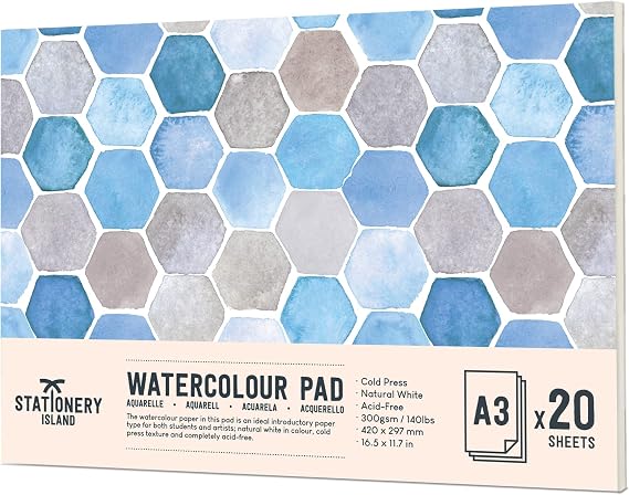 Stationery Island Aquarellpapier A3 300g Aquarellblock A3 Aquarell Papier für Wasserfarben 20 Blatt Aquarell Skizzenbuch Watercolor Paper für StudentenAnfänger Skizzenbuch Aquarell