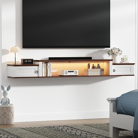 Floating TV Stand for TVs up to 80", 70" Modern Wood Floating TV Shelf with LED Light & Outlet, Minimalist Farmhouse Floating TV Stand Wall Mounted for Living Room, Walnut + Antique White