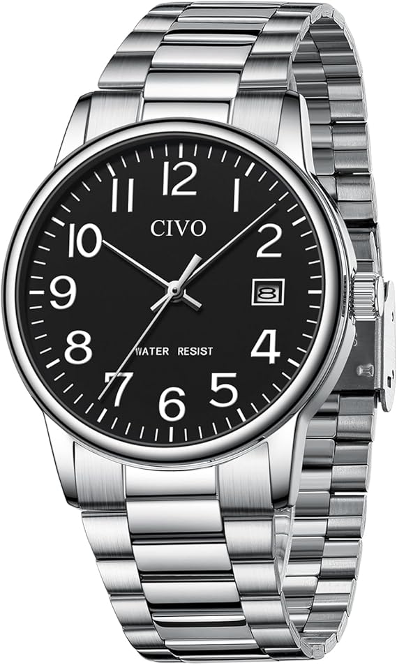 CIVO Men's Classic Analogue Wrist Watch: Waterproof Men's Watch Made of Stainless Steel with Date - Large Numbers Black Leather Strap Men's Watches Gifts for Men